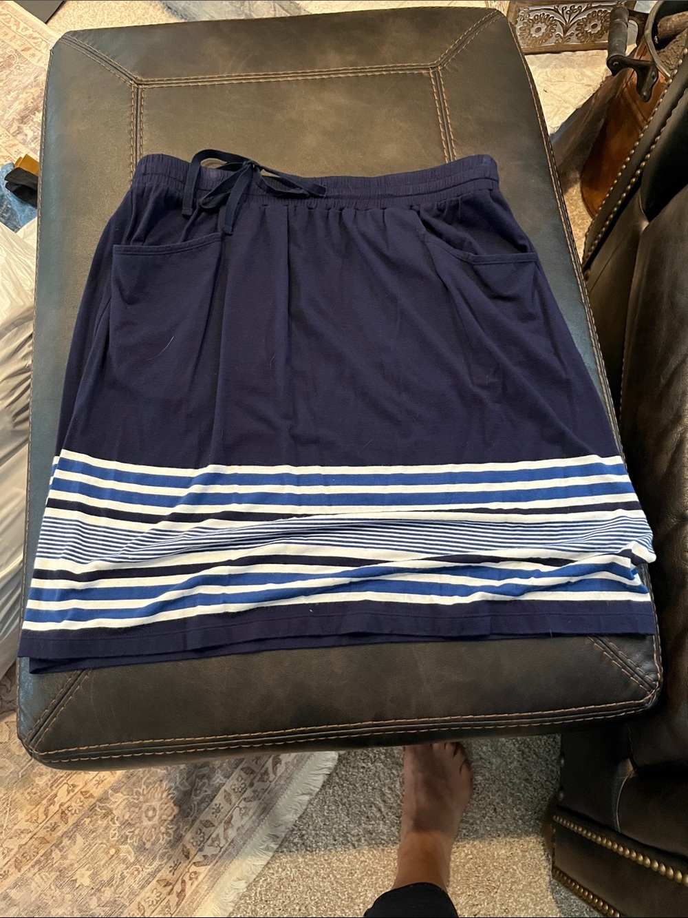 Max Studio Navy Midi Skirt with White & Light Blue Stripes